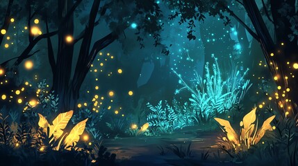 Sticker - A fantasy forest with glowing plants and fireflies.