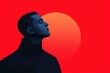 © thanawat - A stylized silhouette of a person with a blue hue, facing upward against a vibrant red background featuring a large sun.