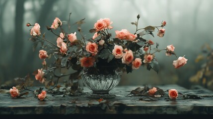 Canvas Print - Pink roses in ornate glass vase, on weathered table, misty background.