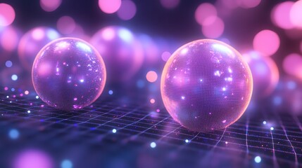 Wall Mural - Abstract 3D rendering of glowing purple orbs on a grid with pink bokeh in the background.