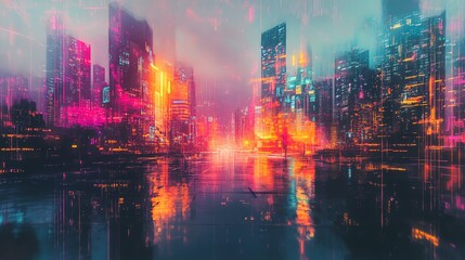Wall Mural - a futuristic city skyline at night, with glowing neon lights and a glitch effect.