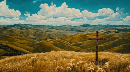 Canvas Print - Cross on grassy hill before painted mountain scene.