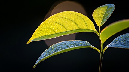 Canvas Print - Sunlit green leaves with water droplets against dark background.