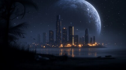 Canvas Print - City skyline under a large moon at night with water.