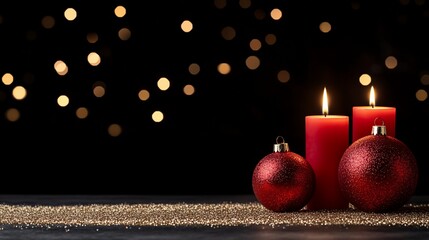 Canvas Print - Red candles and ornaments on glitter, dark background.