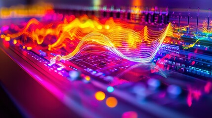 Poster - Dynamic audio innovation studio visual waveform art in a modern sound exploration environment