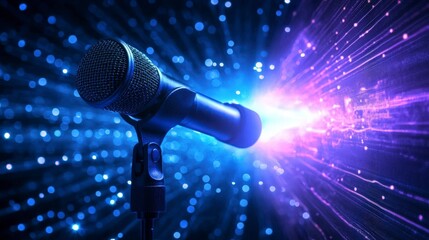 Poster - Microphone emitting sound waves in an open space digital art technology environment vibrant viewpoint