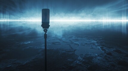 Poster - Dynamic microphone performance in vast open space visual art atmospheric setting creative concept