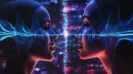 Aufkleber - Digital visualization in an urban setting closeup of two individuals articulating clearly in a futuristic context