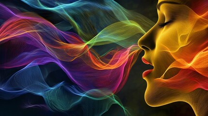 Poster - Radiant colorful waves flowing from a speaker's mouth vibrant art abstract environment dynamic viewpoint expressive concept
