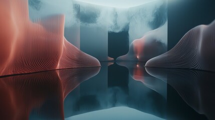 Poster - Soft warm sound waves flowing between speakers in a digital space abstract art modern environment conceptual sound design