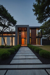 Wall Mural - Modern home exterior featuring a sleek pathway and illuminated entrance surrounded by landscaped greenery.