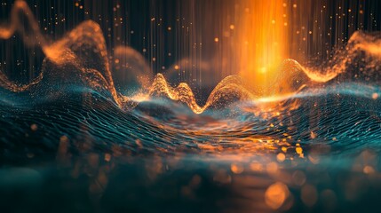 Aufkleber - Flowing warm glowing sound waves from a narrator in a serene environment digital art vibrant colors and motion