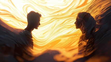 Poster - Artistic serenity glowing waves symbolizing emotional bonds between two silhouettes in a peaceful setting