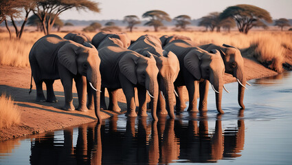 herd of elephants at sunset