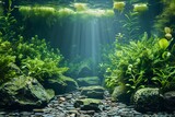 A serene underwater landscape filled with lush greenery and sunlight filtering through.