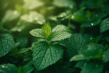 Wall Mural - Refreshing Dewy Mint Leaves Background