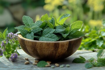 Wall Mural - Refreshing Mint Leaves in Wooden Bowl Background