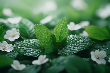 Wall Mural - Refreshing Spearmint Leaves Natural Background