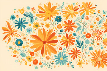 Wall Mural - vibrant floral pattern featuring orange yellow and teal flowers of various sizes on a light backgrou