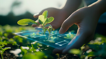 Wall Mural - Hands holding seedling over futuristic tablet, showcasing technology in agriculture.