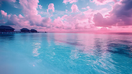 Sticker - Idyllic sunset over calm ocean with water bungalows.