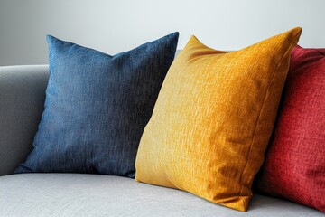 Two textured pillows on a gray couch against a neutral backdrop for home decor