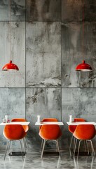 Wall Mural - Modern cafe interior with minimalist orange chairs and white tables under red pendant lighting