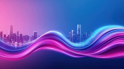 Wall Mural - Abstract Wave Design with Neon Colors and City Skyline in Background for Modern Technology Theme