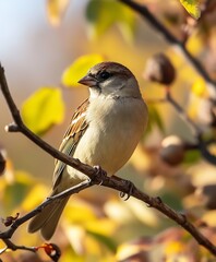 Vibrant Autumn Sparrow Perched on Tree Branch with Colorful Foliage Background : Generative AI