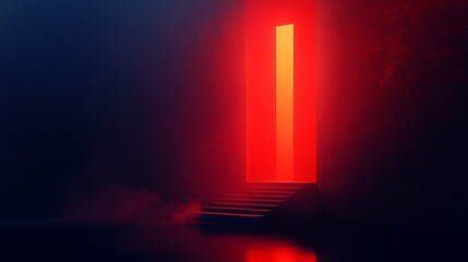 Wall Mural - Glowing red doorway in a dark, smoky room with stairs.