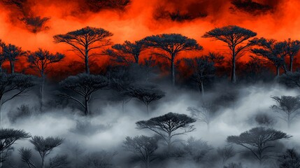 Wall Mural - Fiery sunset over a misty, dark forest.