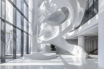 A white building with a spiral staircase and a potted plant