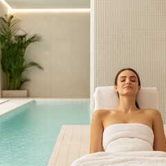 Wall Mural - Burnout recovery stress recharge and relaxation. A woman relaxes by a tranquil pool in a spa, wrapped in a towel, embodying peace and wellness in a serene environment.