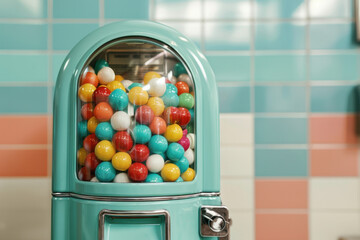 A vintage turquoise bubblegum vending machine filled with colorful gumballs, set against a retro pastel tiled wall, evoking nostalgia and fun.
