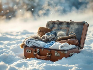 Poster - An open suitcase, overflowing with warm winter gear, rests gently on a blanket of fresh snow.
