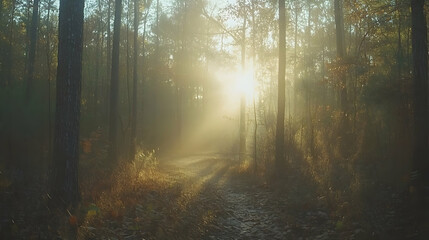 Wall Mural - Sun rays pierce through misty forest path.