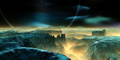 Wall Mural - Beautiful alien landscape, surface of volcanic alien planet, 3d rendering