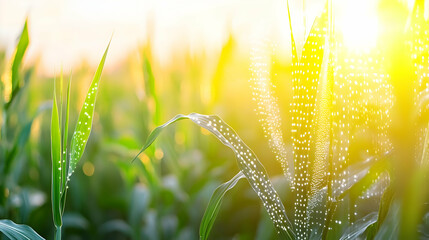 Wall Mural - Sunlit corn plants with morning dew.