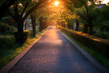 Wall Mural - Sunlit path through lush green trees at sunset.