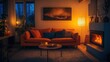© azi - Cozy living room at night with fireplace, warm lighting, and orange sofa.