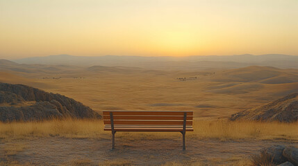 Wall Mural - Sunrise over serene, vast landscape; wooden bench offers peaceful view.