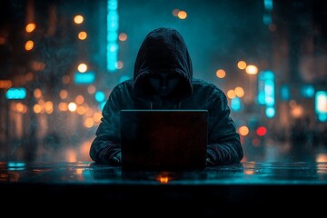 hacker prints a code on a laptop keyboard to break into a cyberspace