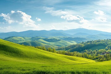 Naklejka na meble panorama of beautiful countryside of romania. sunny afternoon. wonderful springtime landscape in mountains. grassy field and rolling hills. rural scenery