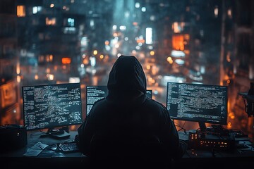 Hooded computer hacker stealing information with laptop, online and server crime concept