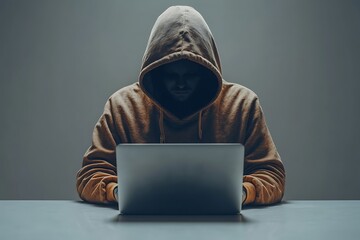 Hooded computer hacker stealing information with laptop, online and server crime concept