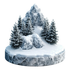 3d rendering of an ice covered mountain with snow and trees set over a podium against transparent ba