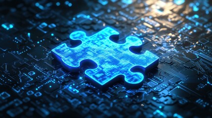 Wall Mural - digital puzzle piece surrounded by futuristic circuitry background