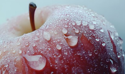 Close-up of a red apple covered in water droplets.