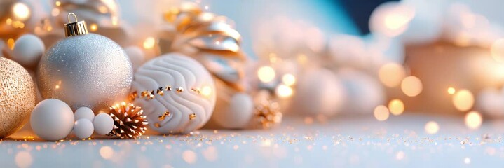 Wall Mural - A cluster of white and gold Christmas ornaments with a bokeh background. Soft focus slow motion.